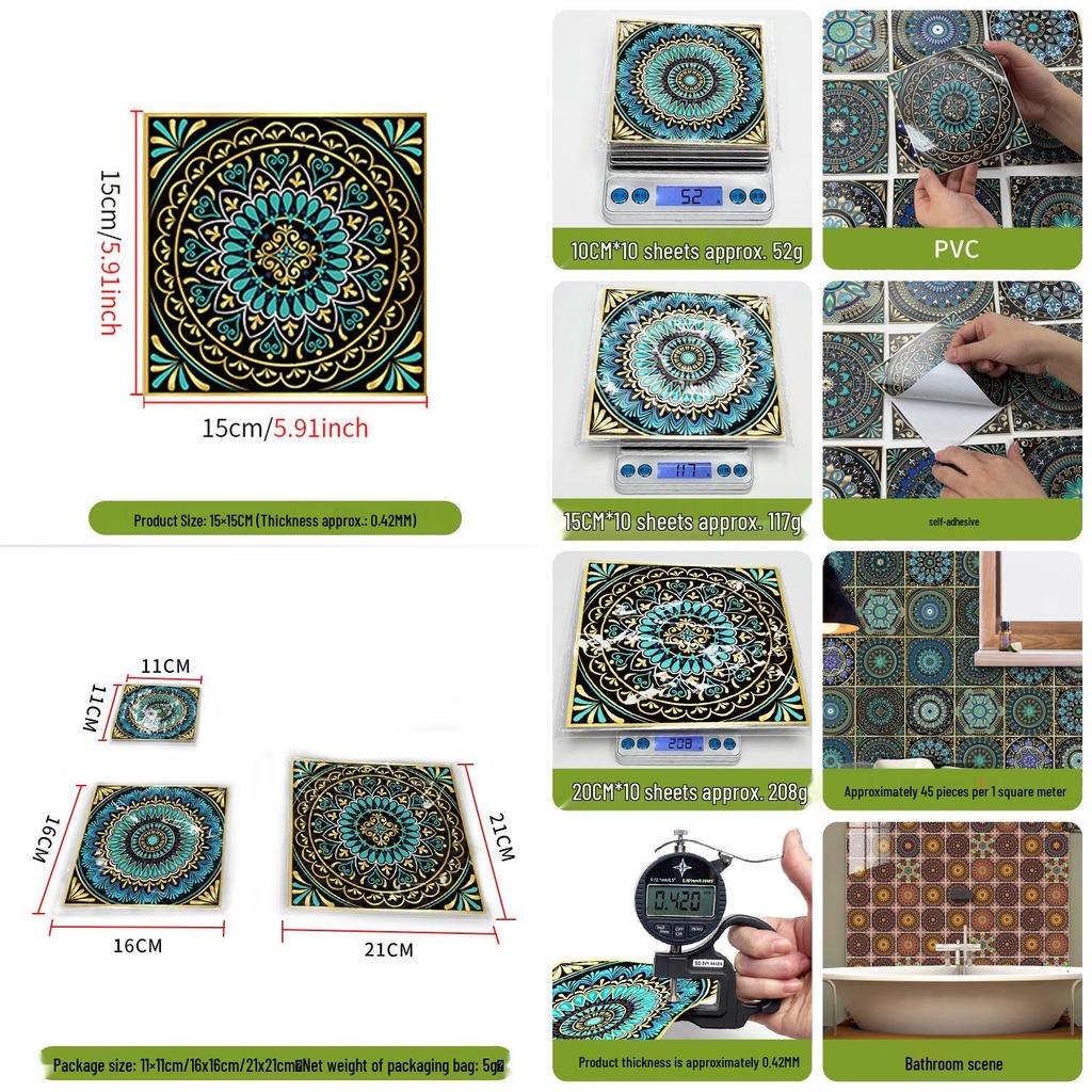 10-Pack European Style Floral Tile Wall Stickers for Living Room and Bathroom - Self-Adhesive PVC Crystal Film