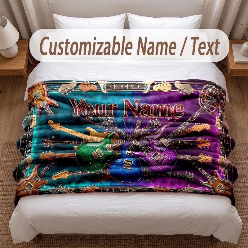 Music Guitar Theme Soft Blanket Personalized Custom Name Text Print Warm Blanket Home Sofa Bedroom Decor