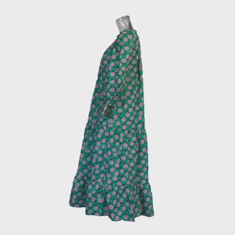 Maxi Dress Women European American Street Style Geometric Puff Sleeve