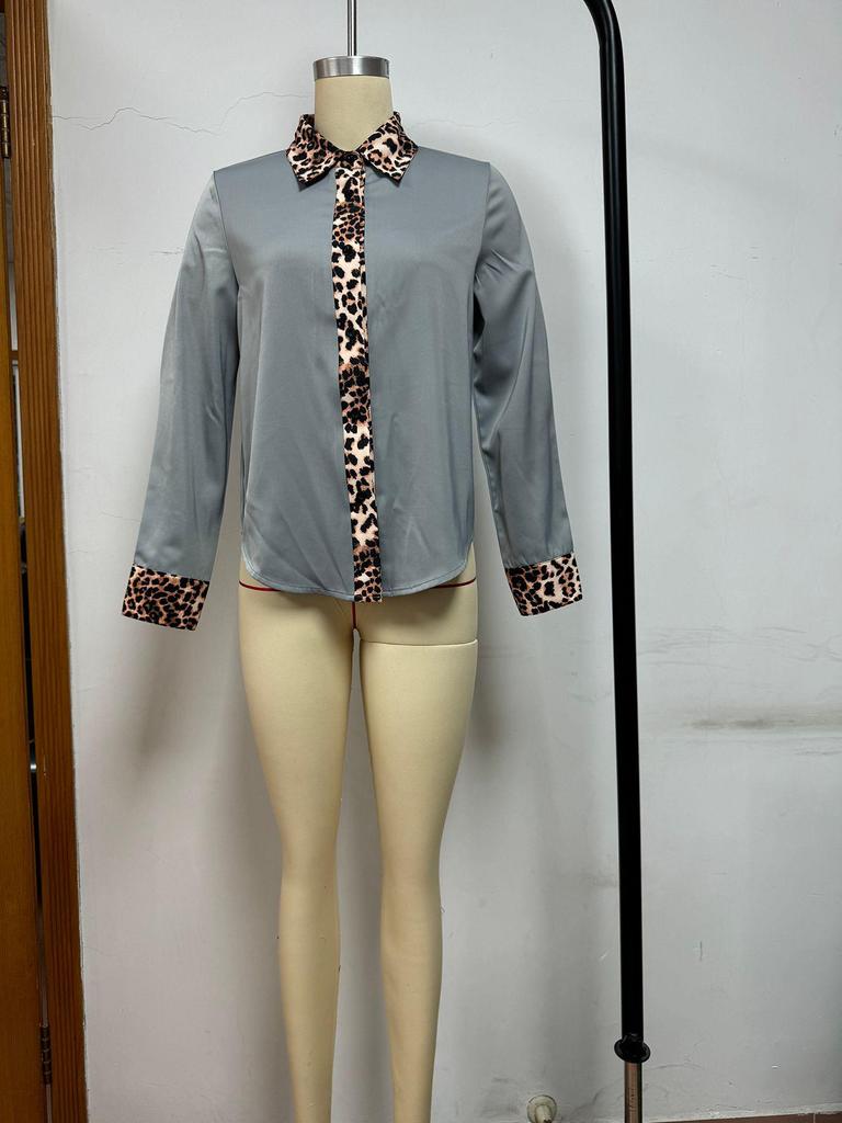 Damen-Hemd mit Leopardenmuster, Rundhalsausschnitt, Satin-Patchwork, Figurbetont, Langarm, Frühling/Herbst