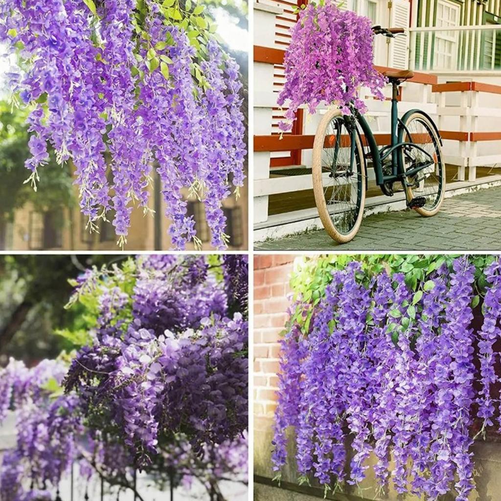 14PCS Decke Künstliche Glyzinien Blume Sechs Blatt Lila Blau Gefälschte Reben Dekoration für Hochzeit