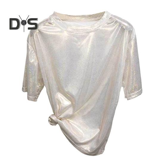 Dámské funkční triko s kulatým výstřihem, krátký rukáv, volný střih, třpytivé reflexní triko Tričko Party Dance Pullover Top