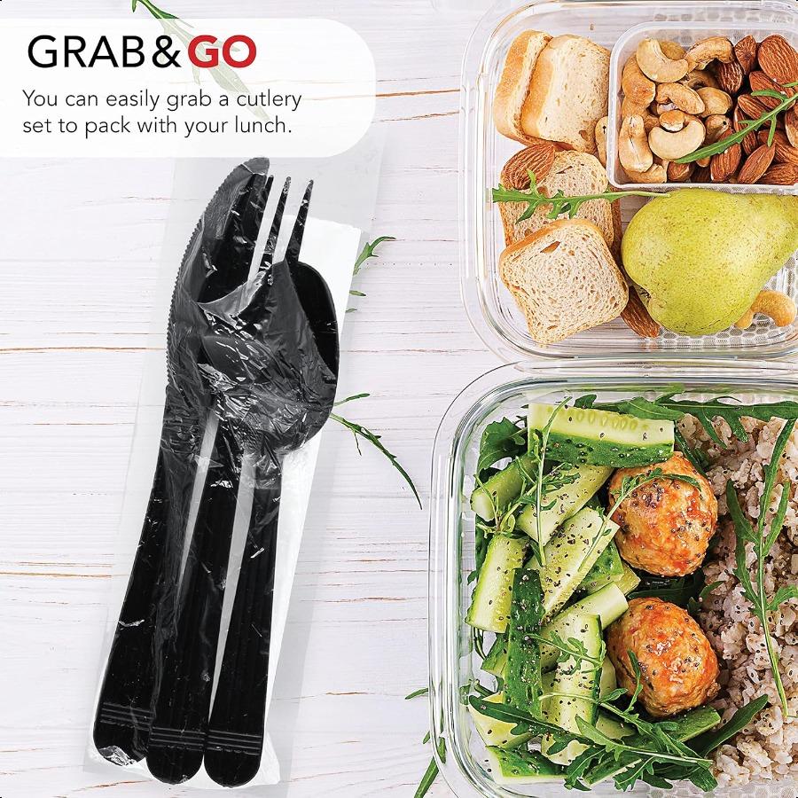 Individually Wrapped Heavy Duty Plastic Utensil Kits 50 Sets for Party Catering Fork Spoon Knife Napkin Black