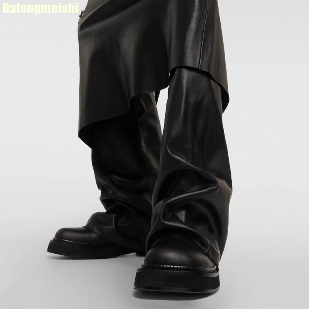 Fashion 2025 New Women's Black Leather Mid-Calf Boots with Hidden Wedge Heel Slip On Fashion Boots Comfortable for Everyday Wear