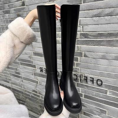Cowhide Thick-soled Small Medium-length Boots Elastic Knight Boots Women's Autumn and Winter Leather High Boots