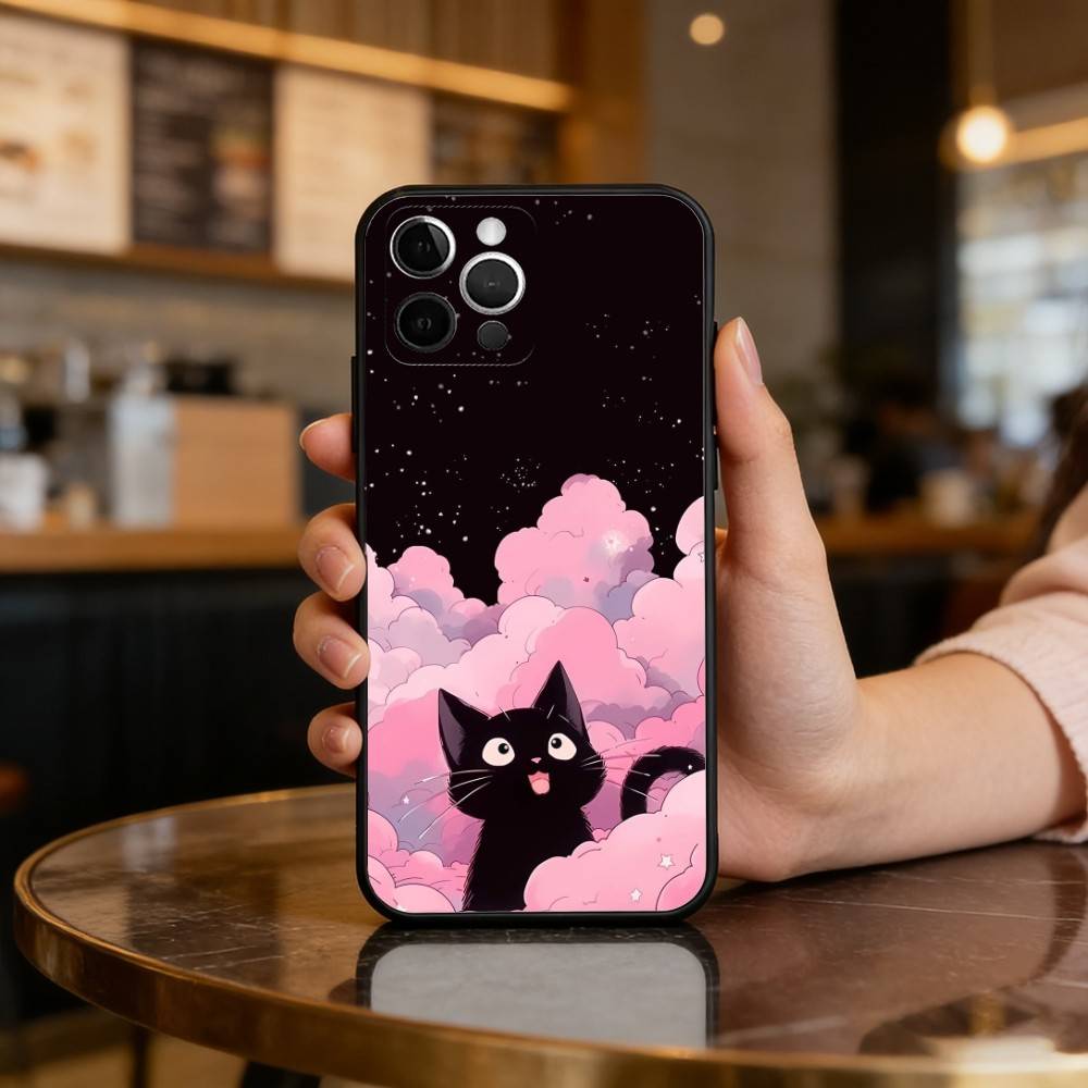 Cartoon C-Cat A-Art Phone Case For iPhone 17,16,15,14,13,12,11 Plus,Pro Max,Soft Silicone Black Cover