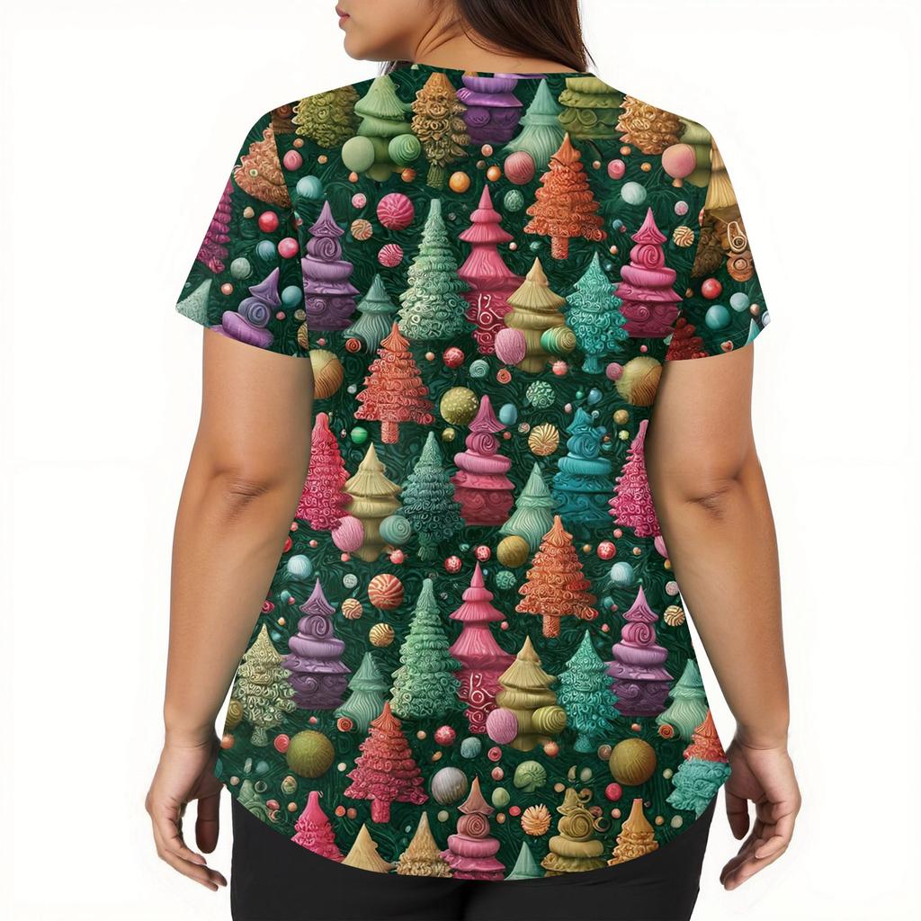 Dámské módní pracovní oděvy s krátkým rukávem a výstřihem do V s kapsami Vánoční topy s potiskem