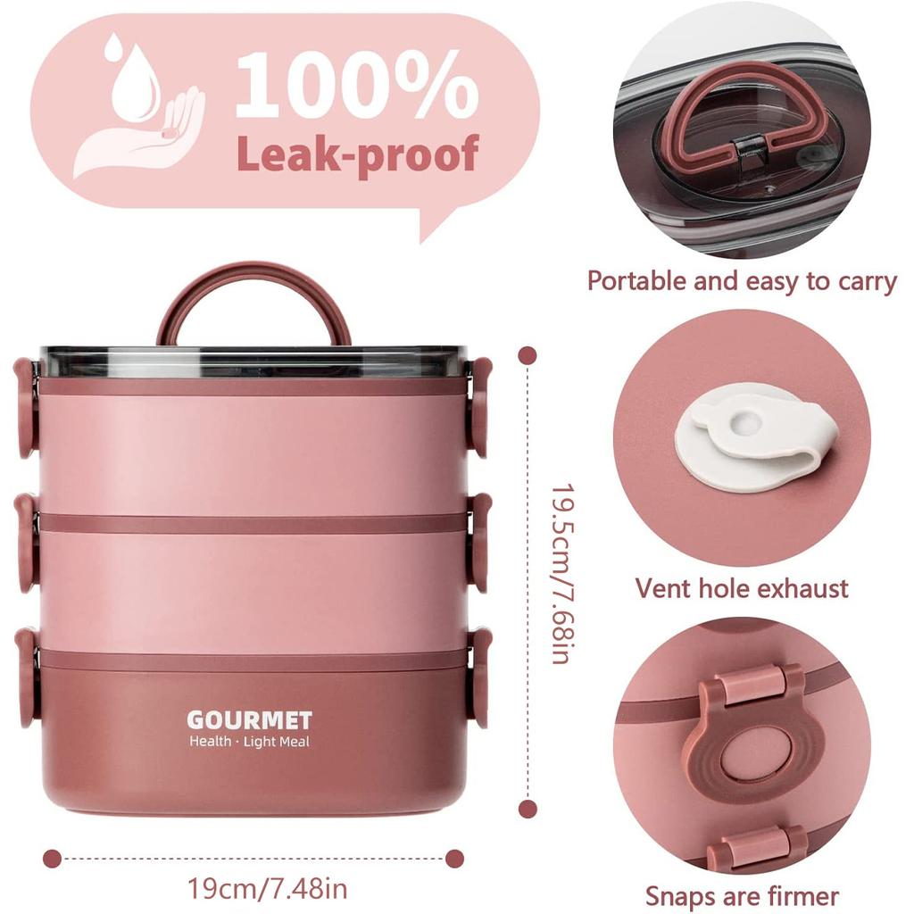 Box Lunch 2000ML 3-Tier Stackable Bento Case Sealed Leak-proof Meal Box Microwave Safe Portable Students Workers Food Container