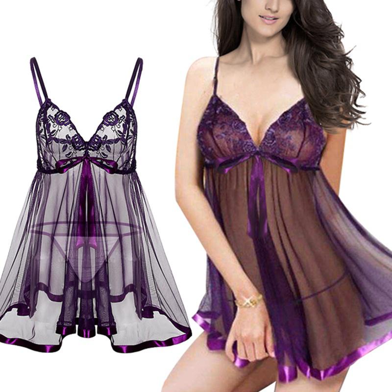 Womens Plus Size Sexy V-neck Lace Sleepwear Lingerie Dress with G-String