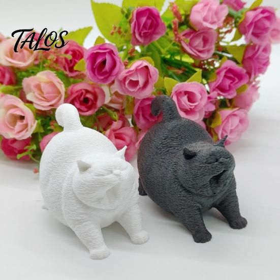 3D Printed Cute Yawning Chubby Cat Figurine, Black White, Wide Stable Anti-Tipping Base, Desktop Decor for Pet Shop Bedroom & Cat Lover Birthday