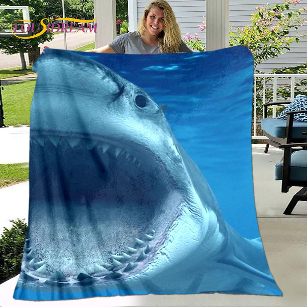 Coperta morbida in flanella con squali cartoni animati 3D, coperta da divano per soggiorno, camera da letto, letto, divano, copertura per picnic