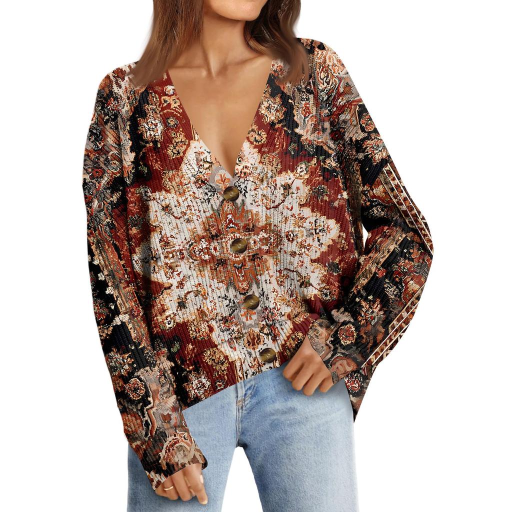 Women's Fashion Long Sleeve Print V-Neck Button Loose Cardigan Top