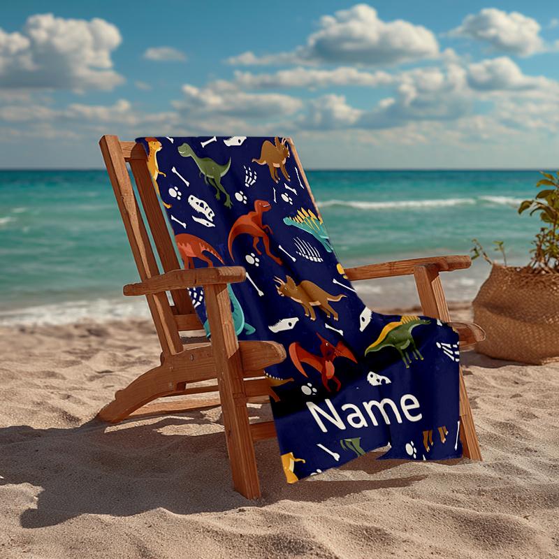 Custom Name Ultra-Soft Beach Towel with Dinosaur Theme,Ideal for Pool - Camping, Diving - Perfect Travel Essential, Vibrant Beach Towel.
