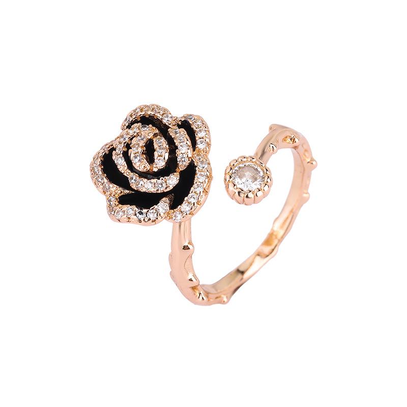 S925 Sterling Silver Black Camellia Ring - Women's French Luxury Style