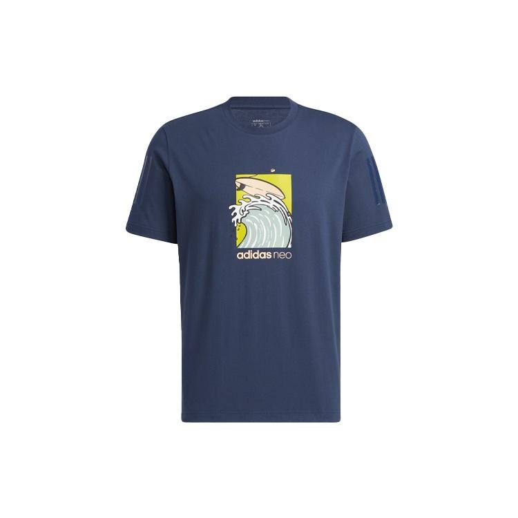 Men s adidas neo Pattern Cartoon Printing Sports Round Neck Short Sleeve Navy Blue T-Shirt GS2580 L