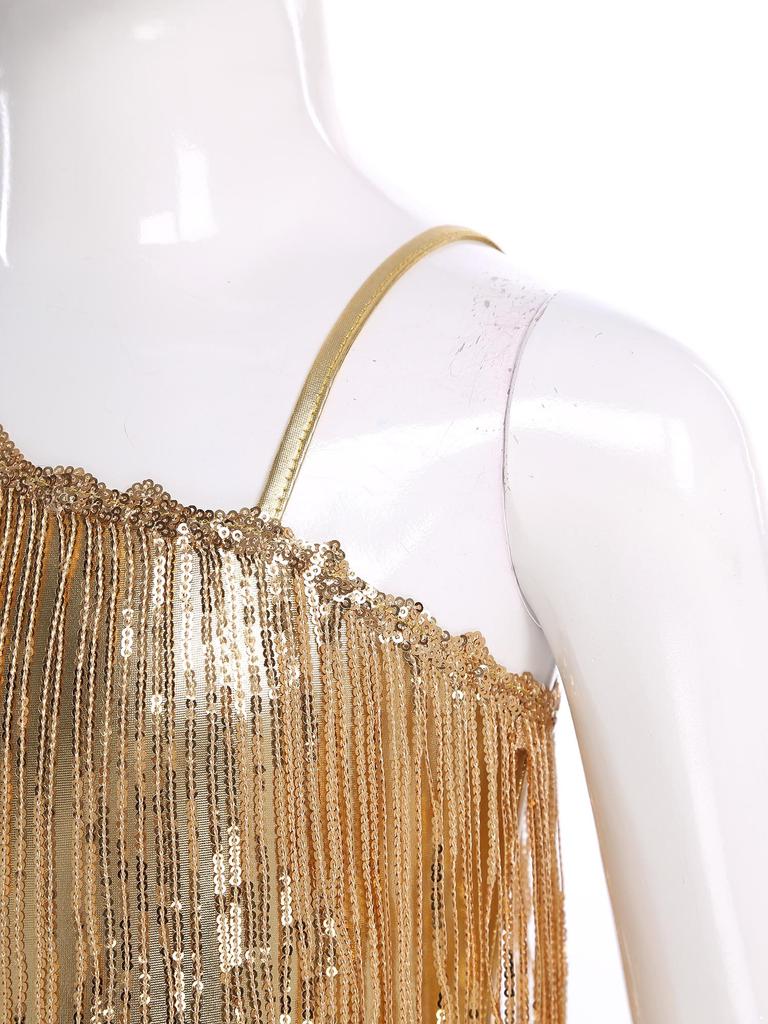 Kids Sparkly Jumpsuit Off-shoulder Sleeveless Sequin Tassels Flared for Pageant Show
