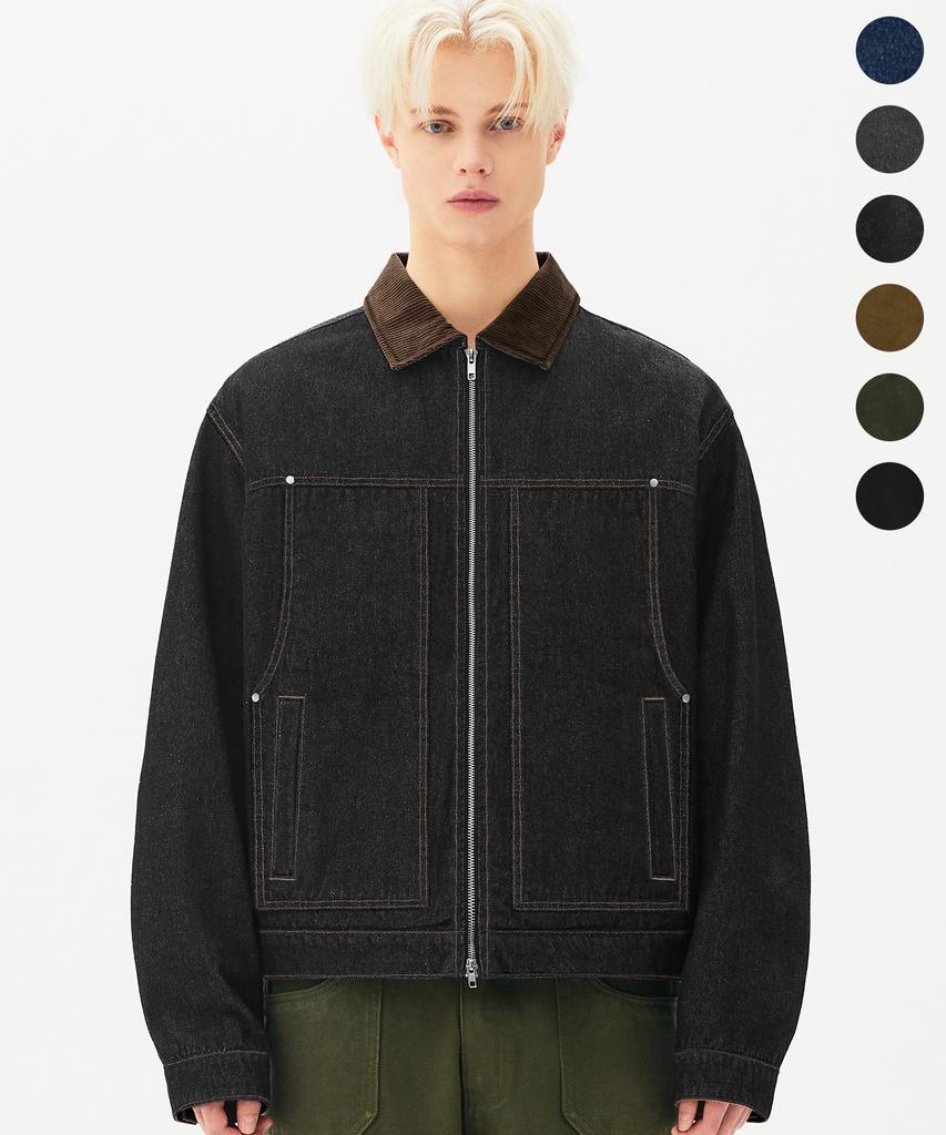 TRILLION Corduroy Collar Denim Zip-Up Work Jacket_6 Colors