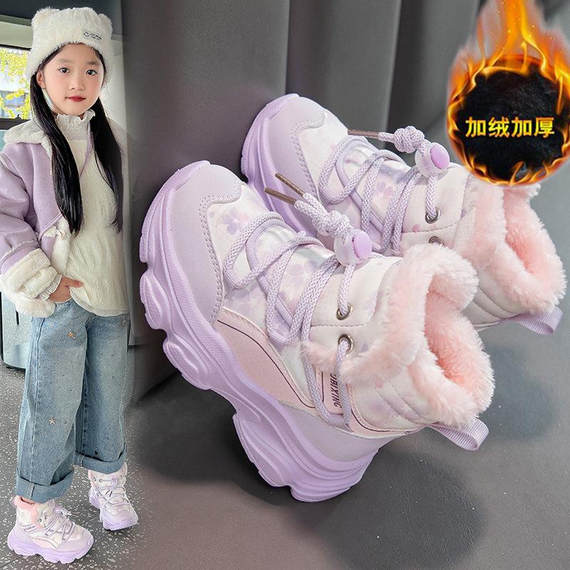 Girls' Fleece-Lined Sneakers Children's Winter Thick Cotton Shoes New Boys' Snow Boots Big Kids' Thickened Cotton Boots