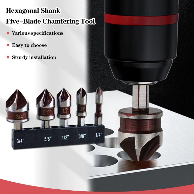 5Pcs/set Hexagonal Shank Five-edge Chamfer 82 ° Chamfer Knife Woodworking Chamfer Screw Countersunk Head Countersink Drilling Wood Centering