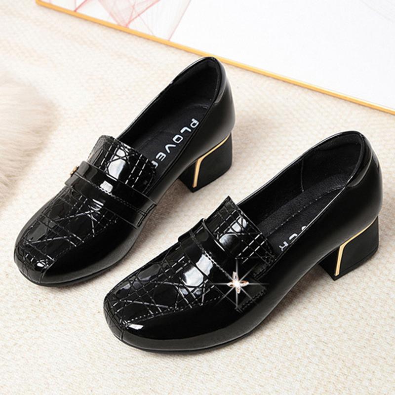 British Style Deep Mouth Block Heels Shoes Women Loafers Bright Leather Spring Autumn Office Mom Soft Leather Shoes