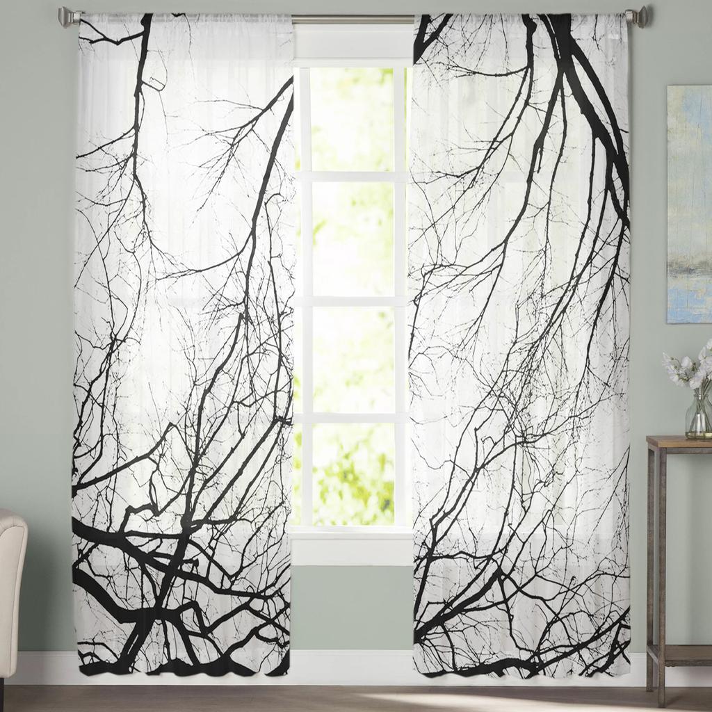 Silhouette von Zweigen, Baum, durchsichtige Fenstervorhänge, Schlafzimmer, moderner Chiffon-Drape, Tüll, Volants, Wohnzimmer, Küche, Voile-Vorhang