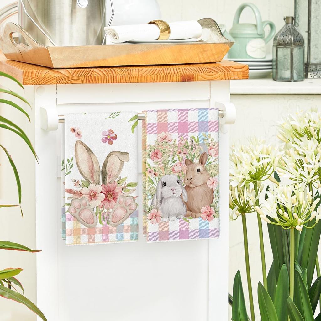 Artoid Mode Colorful Buffalo Plaid Bunny Rabbit Flower Easter Kitchen Towels Dish Towels, 18x26 Inch Seasonal Decoration Hand Towels Set of 2