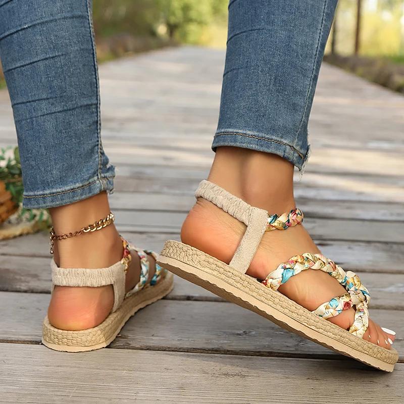 Fashion Women's Fashion Printed Woven Band Flat Sandals Bohemian Style Summer Beach Sandals for Women Lightweight Comfort Roman Shoes
