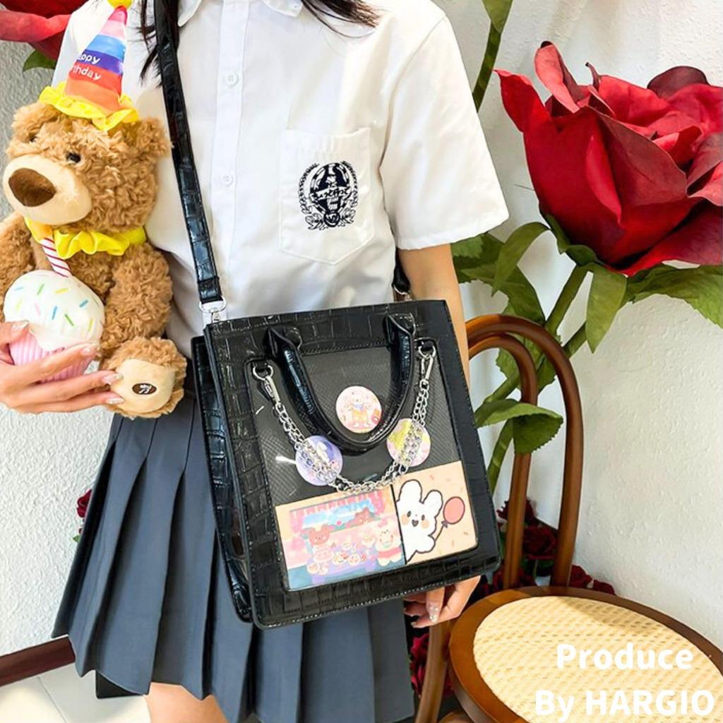 Harujio Ita Mini Tote Crocodile Ita Bag Bag, Small, 2-Way Bag/Shoulder Bag, Cute, High-Quality Print, Black/White, (Black)