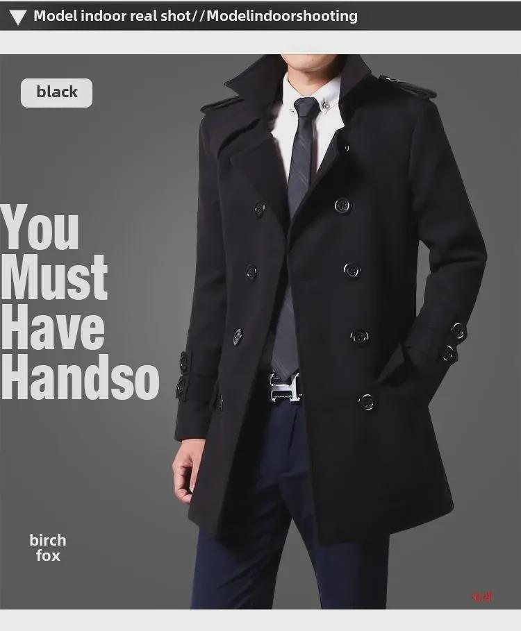 Men's Mid-Length Woolen Double-Breasted Windbreaker with Velvet Lining - Autumn/Winter 2021 Trend