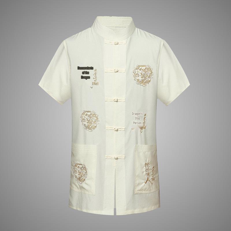 Men's Ethnic Summer Tang Suit: Short-Sleeved Stand Collar Monk Robe-Inspired Hanfu Top