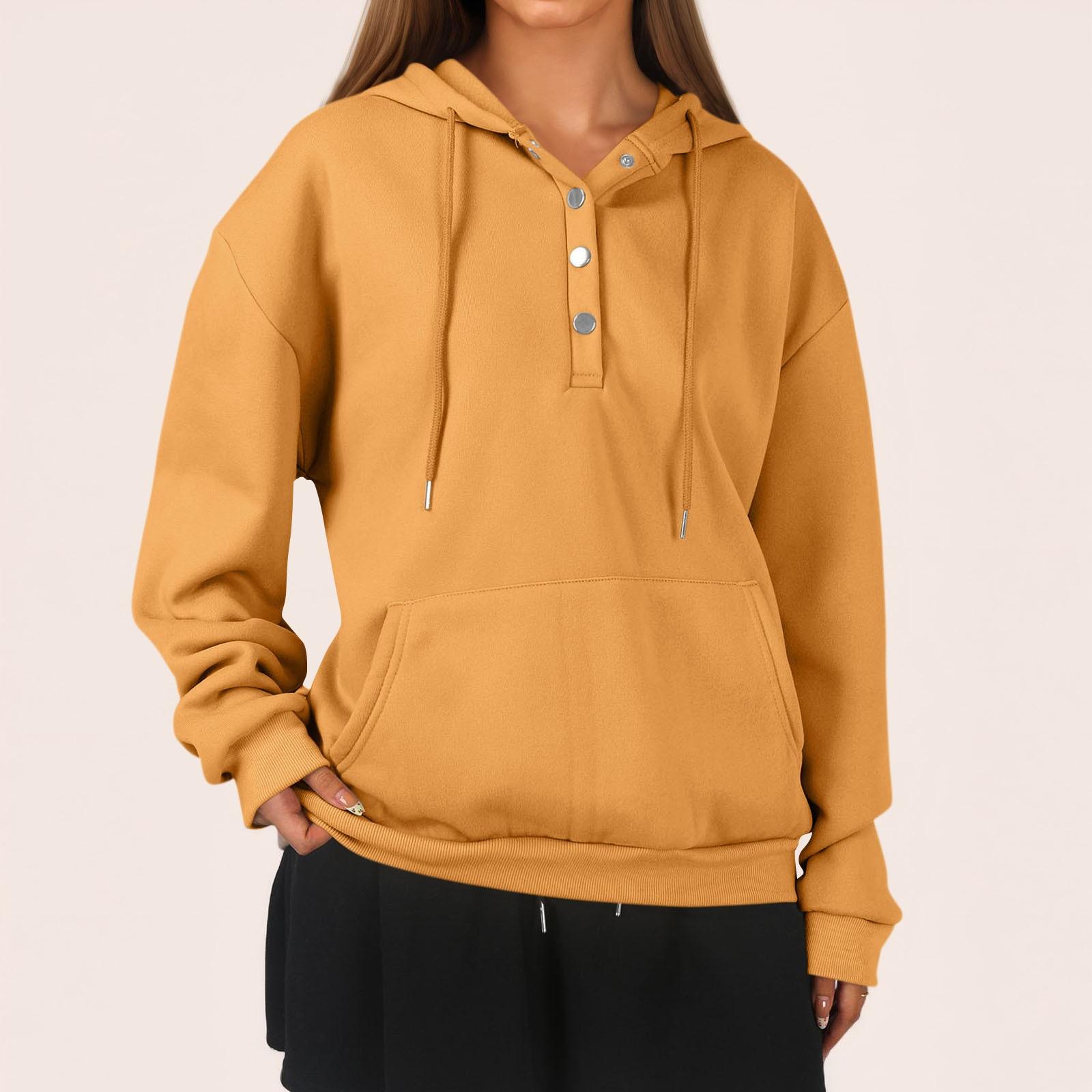 

Женская модная повседневная толстовка с длинными рукавами, застежкой на полпуговицы, капюшоном, однотонная толстовка с карманом M оранжевый