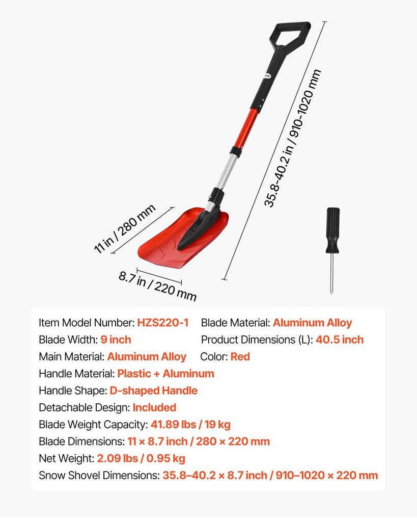 Snow Shovel for Driveway, 22cm Foldable Snow Shovel with D-shaped Handle, , 36-40 in Adjustable, Lightweight Aluminum Alloy Snows Removal Tool, Reduce