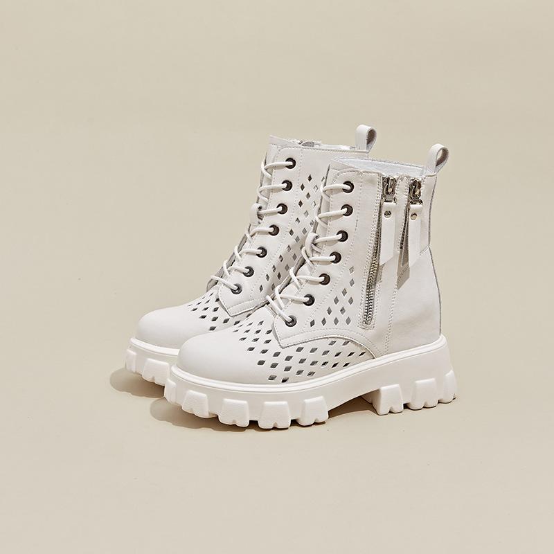 

Spring leather heightening mesh Martin boots women s retro hollow high heel lightweight cool boots women 40