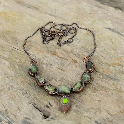 Green Tourmaline Rough Necklace Electroformed Copper Necklace Real Gemstone Jewelry Adjustable Chain Necklace Handmade Electroformed Jewelry