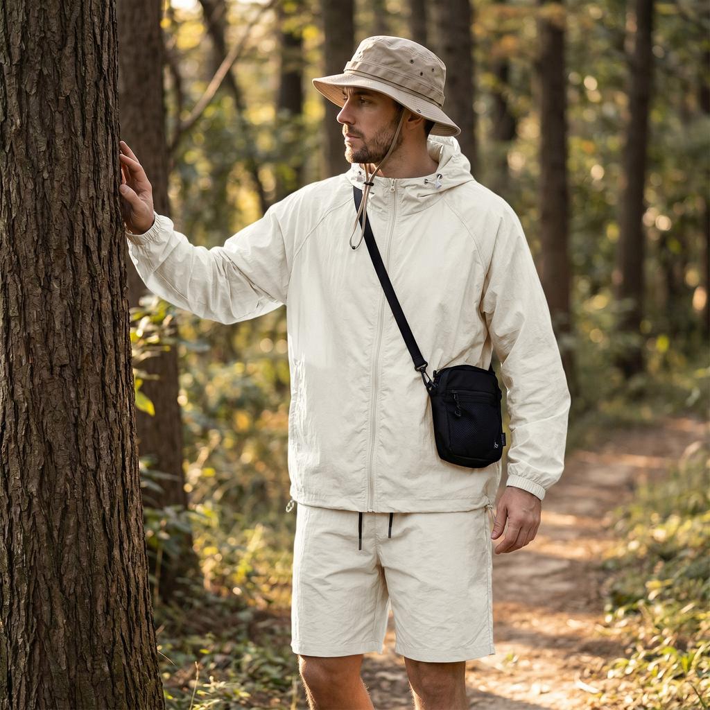 Men's Lightweight Hooded Jacket and Shorts Set Quick Dry Breathable Sun Protection Outdoor Sports Casual Activewear with Long Sleeve Option