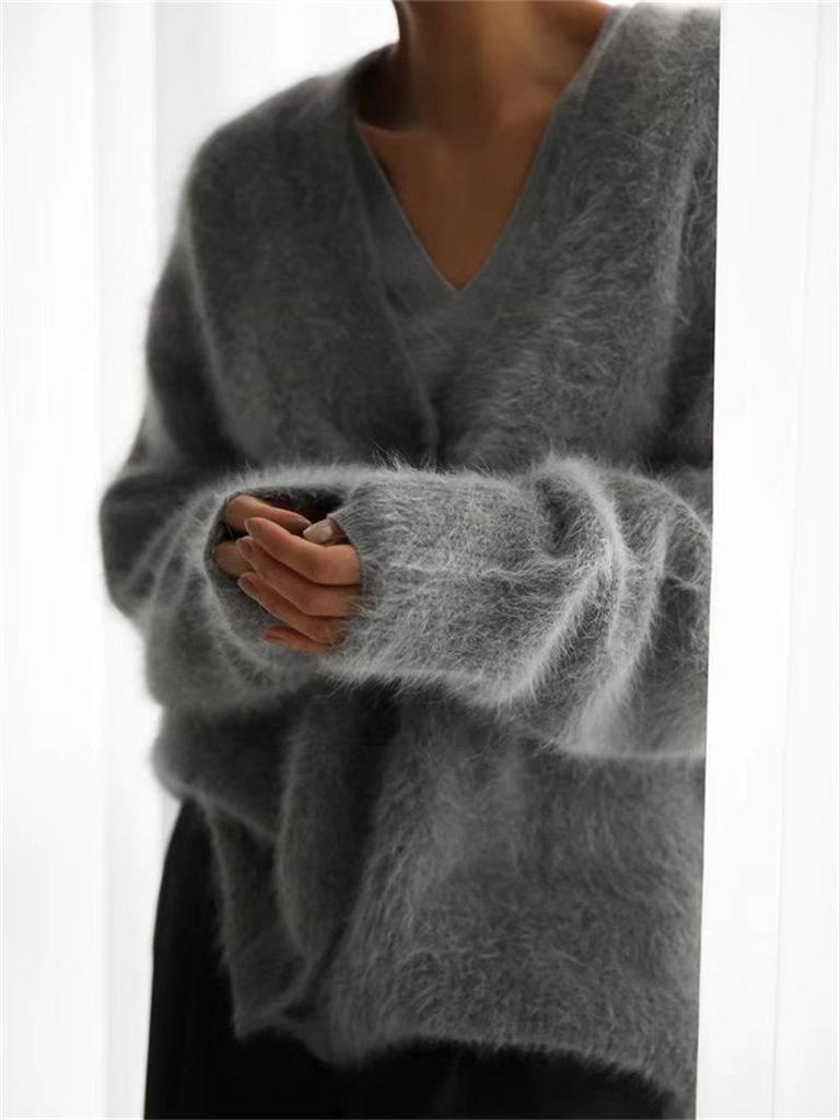 European and American Style Loose Fluffy Knit Cardigan V-Neck Long-Sleeve Imitation Mink Velvet Sweater Coat
