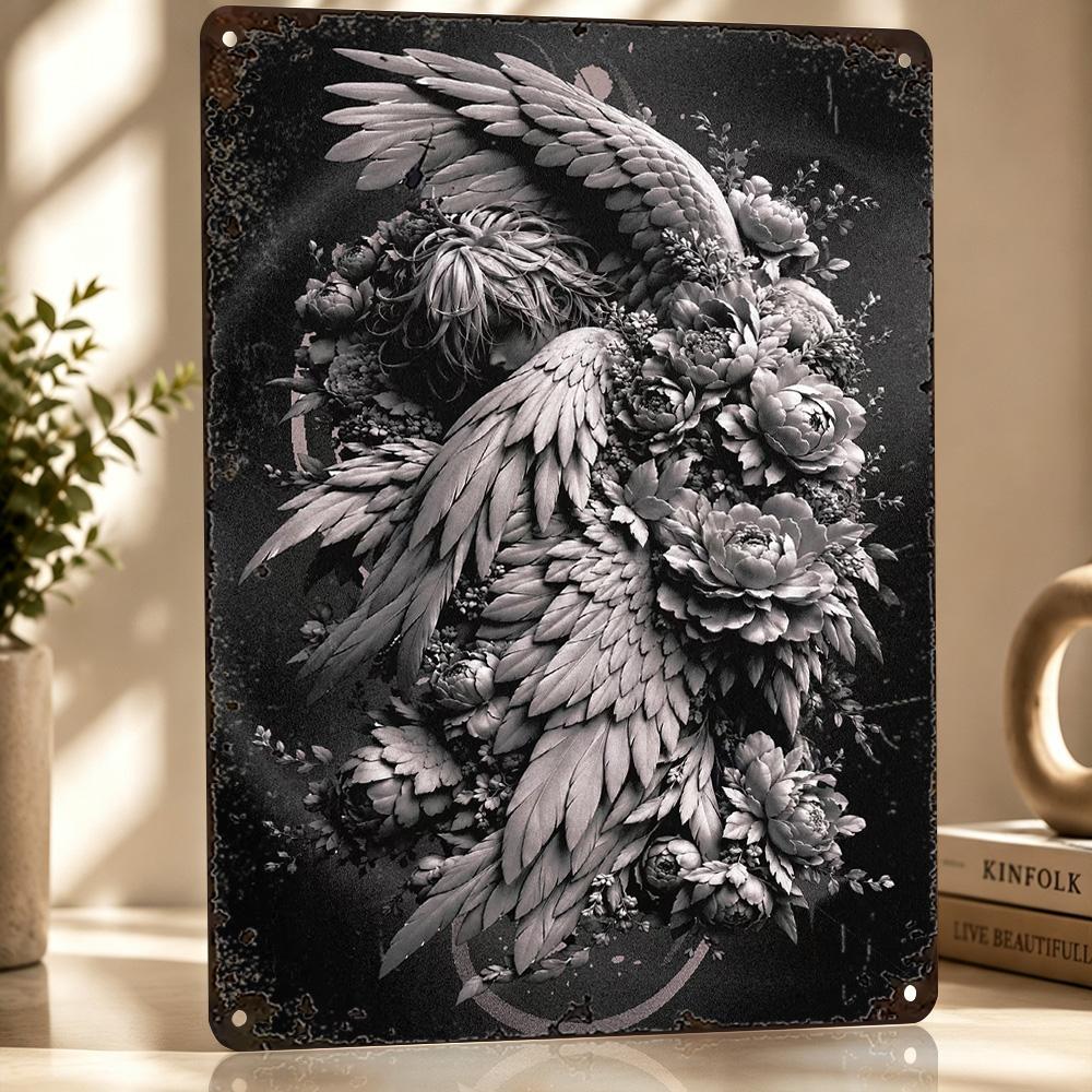 Angel Embraced By Floral Bloom D Texture Metal Poster Customized Wall Art Tin Sign Gift for Mancave Garage Accessories Room Bar