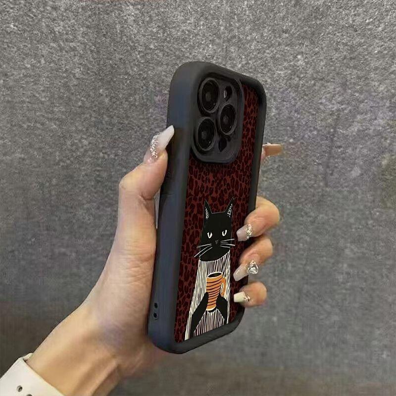 Elegant Black Cat Handheld Coffee Cup Striped Scarf Leopard Print Phone Case for iPhone 17 16 15 14 13 12 11 Pro Max Plus Cover
