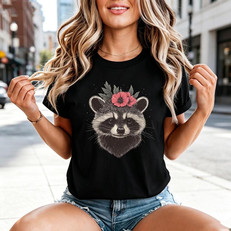 Raccoon Flowers Unisexs TShirt Woodland Animal Graphic Tee 100Cotton Oversized T Shirt