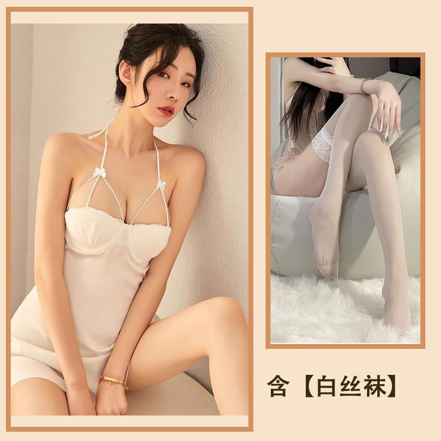 Sexy Underwear, Sexy Nightgown Hanging Neck, Leaking Back, Hollowed Out, Ice Silk Pajamas, Steel Tray, Chest Slits, Suspenders, Skirt Women