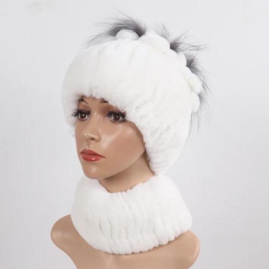 Knitted Women Warm Rex Rabbit Fur Hat Scarf Sets Winter Natural Rex Rabbit Fur Cap Scarves Russia Lady Fur Hats Muffler 2 Pieces