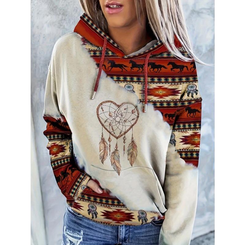 Women's casual fashion round neck pullover hoodie Western ethnic style retro print women's sweater hoodie