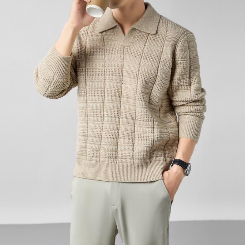 Męski modny sweter z długim rękawem i kołnierzem typu kent - Wiosna i Jesień