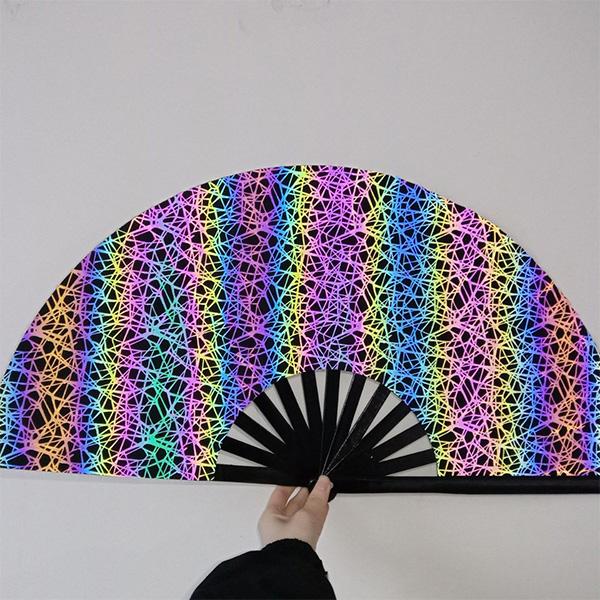33cm Reflective Fan 13-inch Kung Fu Fan Rainbow Reflective Fabric Fan Large Bamboo-framed Fan