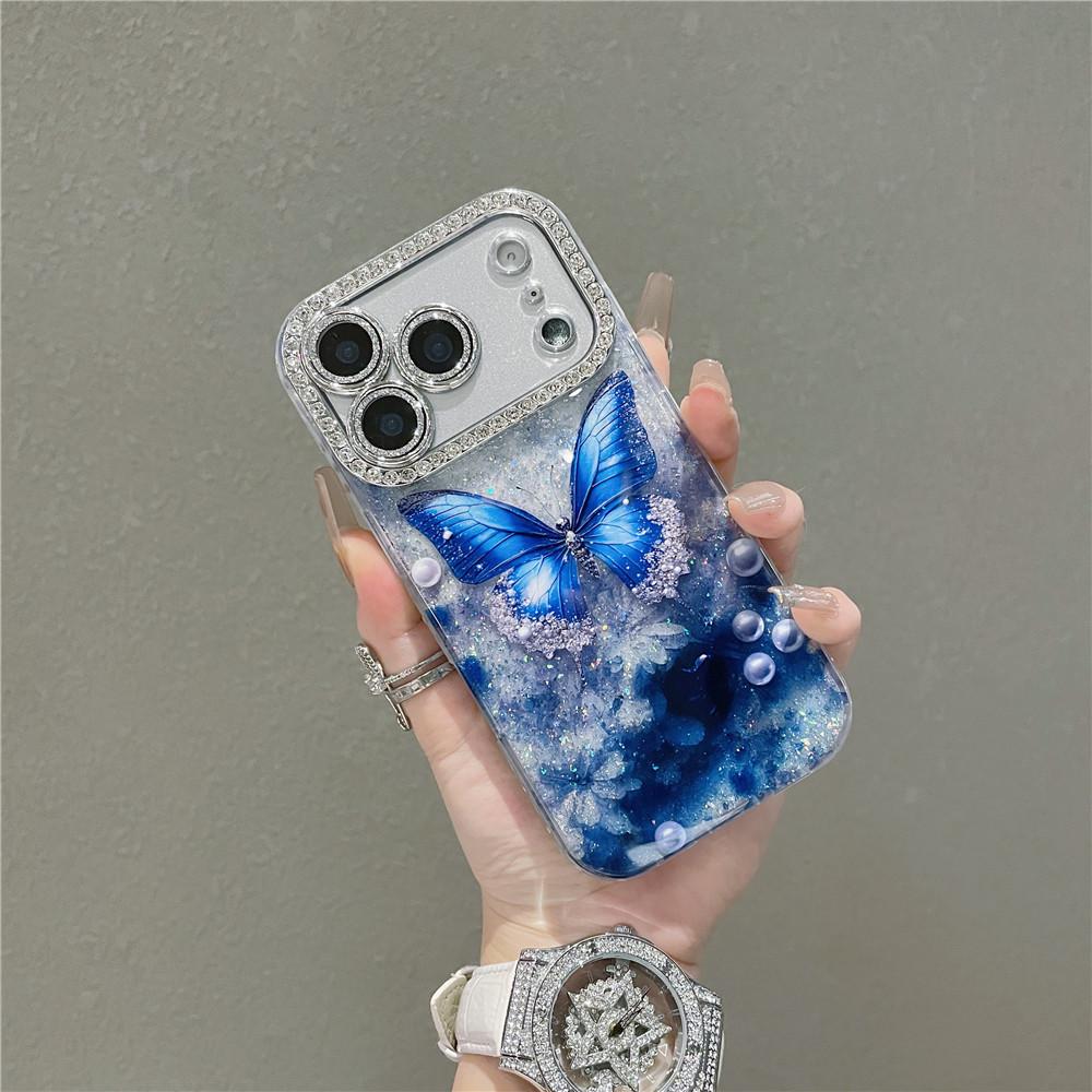 Diamond-Studded Butterfly Lens iPhone 17 Pro Max Drop-Proof Case, Compatible with Apple 14-16 Models.