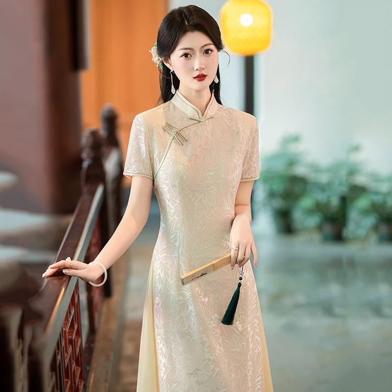 Champagne Color Dress Women Vintage Chic Short Sleeve Qipao Style Midi With Lace Trim