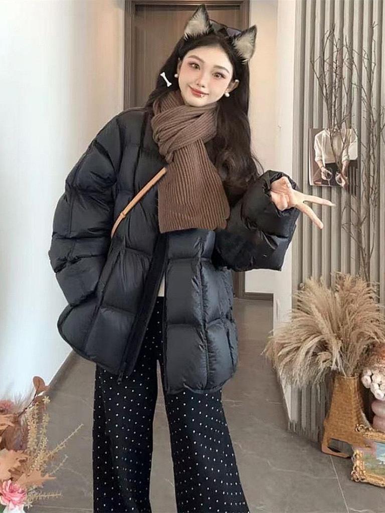 2024 Women's Korean Style Quilted Check Down Puffer Jacket - Round Neck, Warm & Loose Fit for Winter