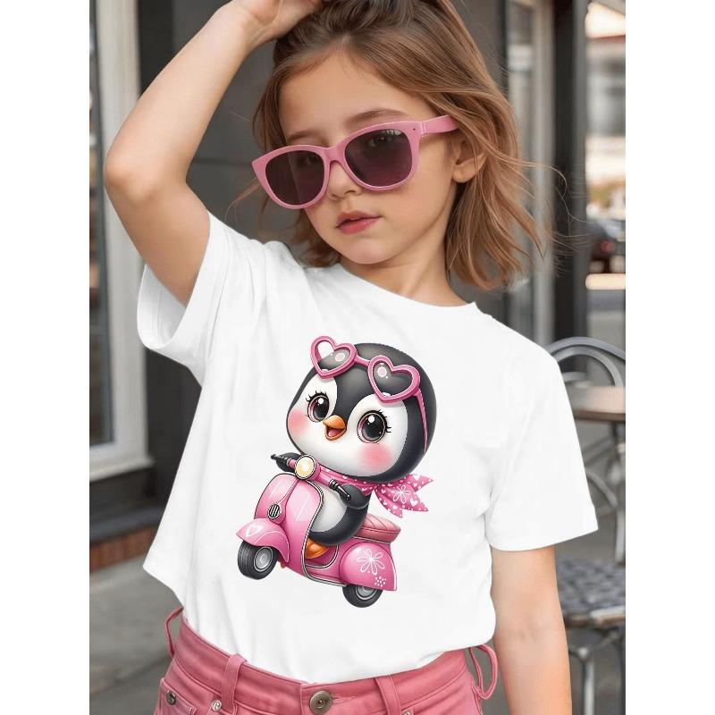 Girl Short-Sleeved Cute Cartoon Penguin Pink Skateboard Print Girl S Summer Sweet And Fashionable T-Shirt 110 белый