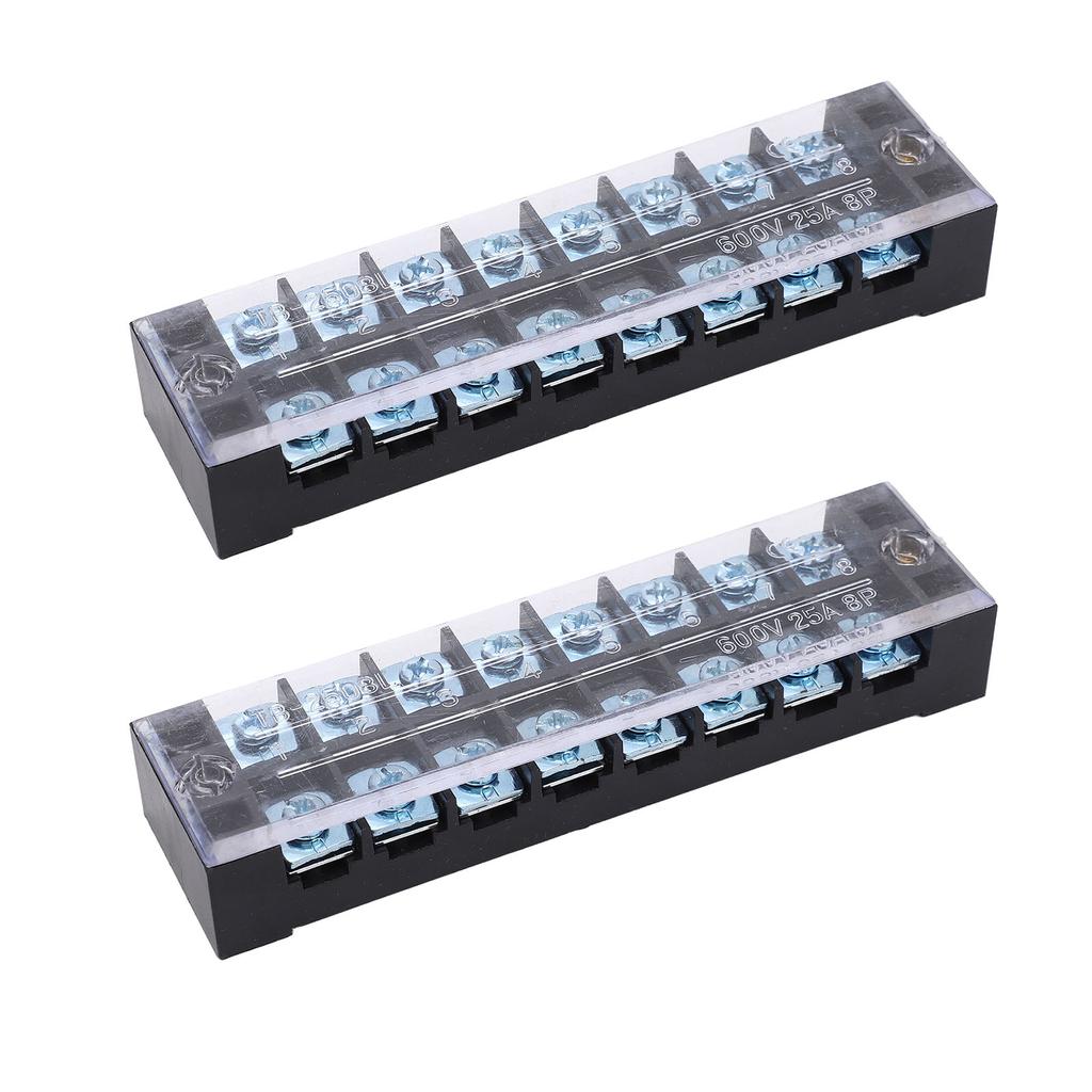 2PCS Dual Row Screw Terminal Strip Fixed High Current Terminal Blocks with Cover 600V 25A 8