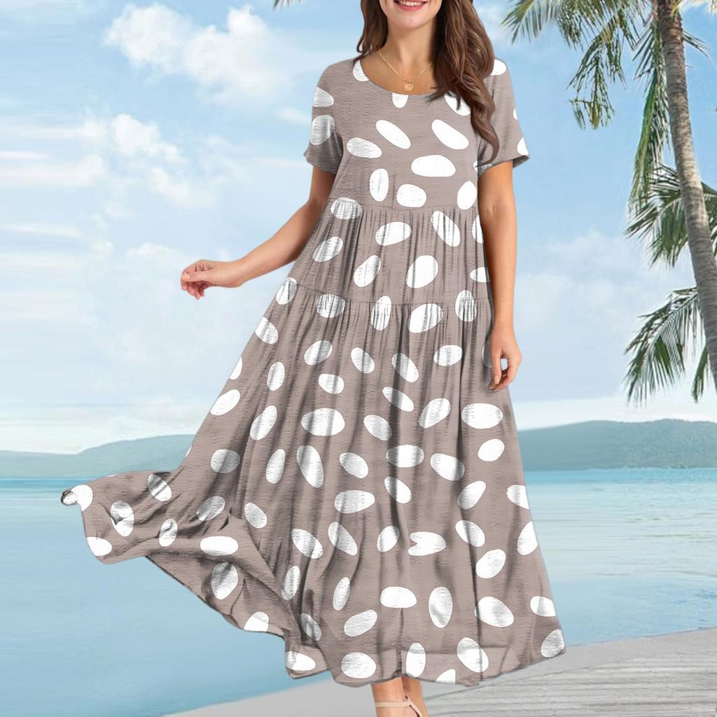 Women Casual Loose Bohemian Floral Dress Short Sleeve Long Maxi Summer Beach Swing Dress